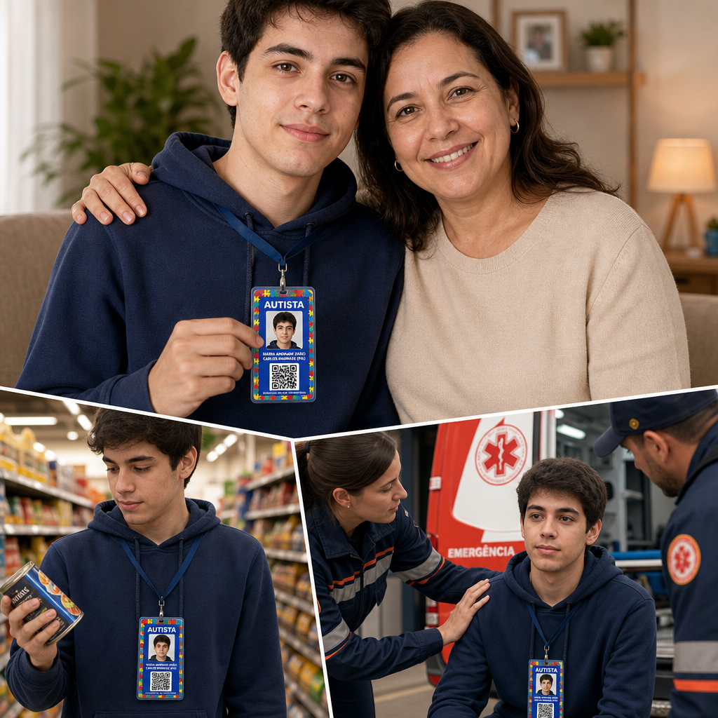Mãe e filho usando uma identificação SOS QR Code para apoio a pessoas autistas