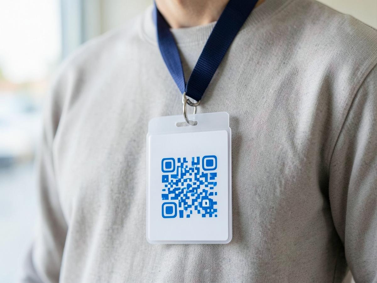 Crachá de identificação com QR Code do SOS QR Code pendurado em um cordão azul-marinho no pescoço