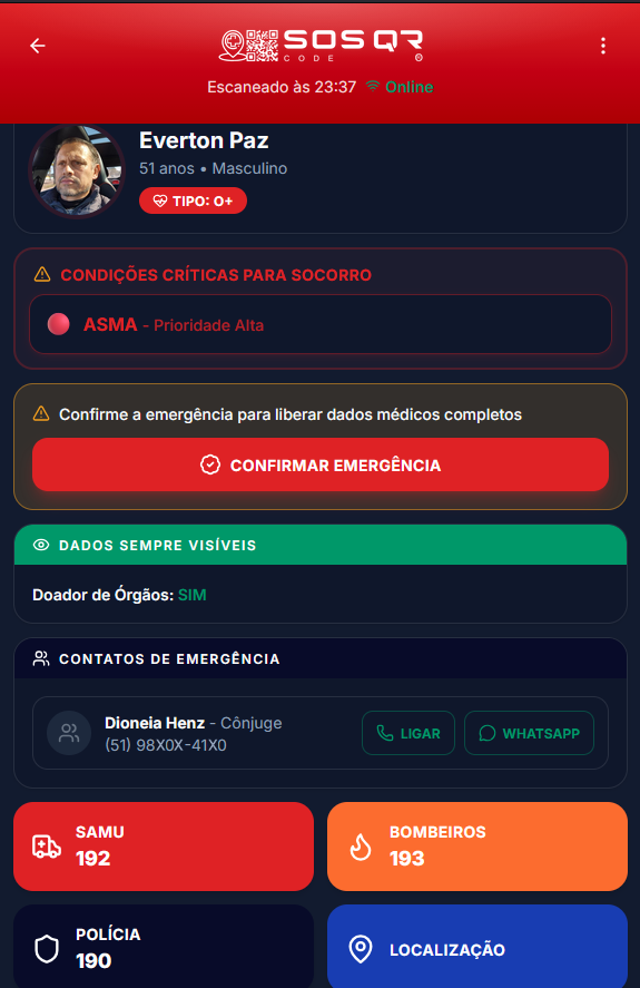 Página pública de emergência do SOS QR Code mostrando ficha médica e contatos