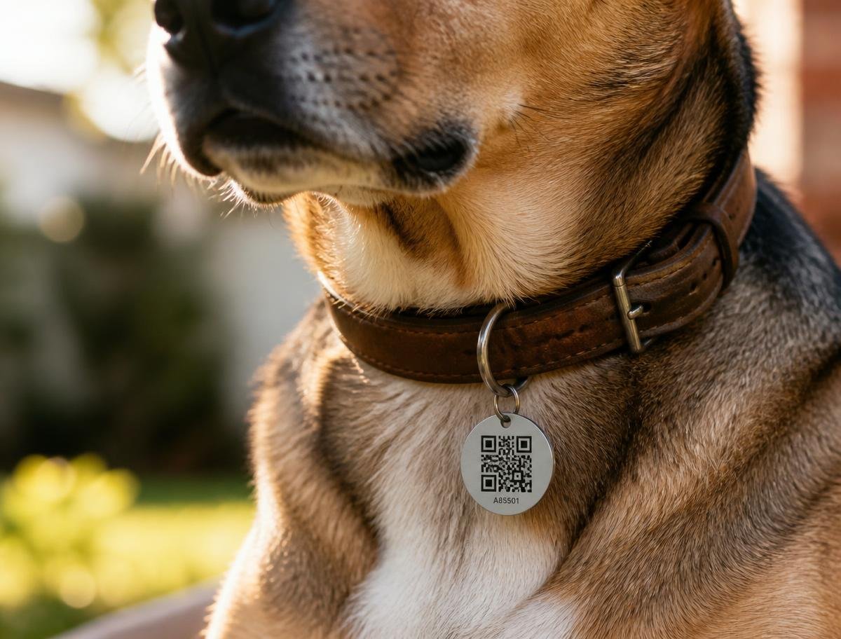 Cachorro usando tag de QR Code na coleira