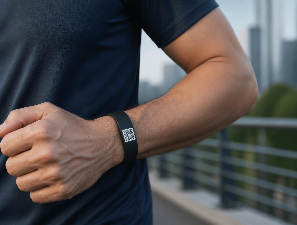 Pulseira preta com QR Code no pulso de um corredor durante o treino